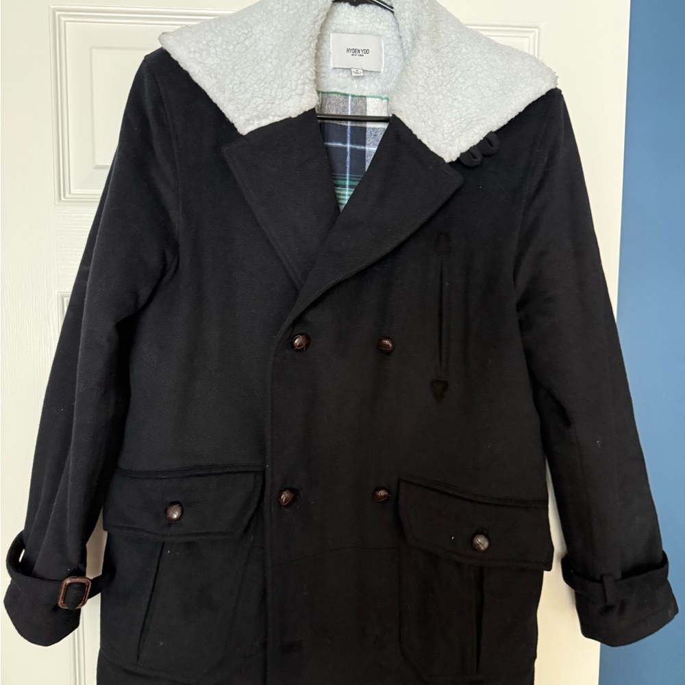 Men's Black Pea Coat with White Collar